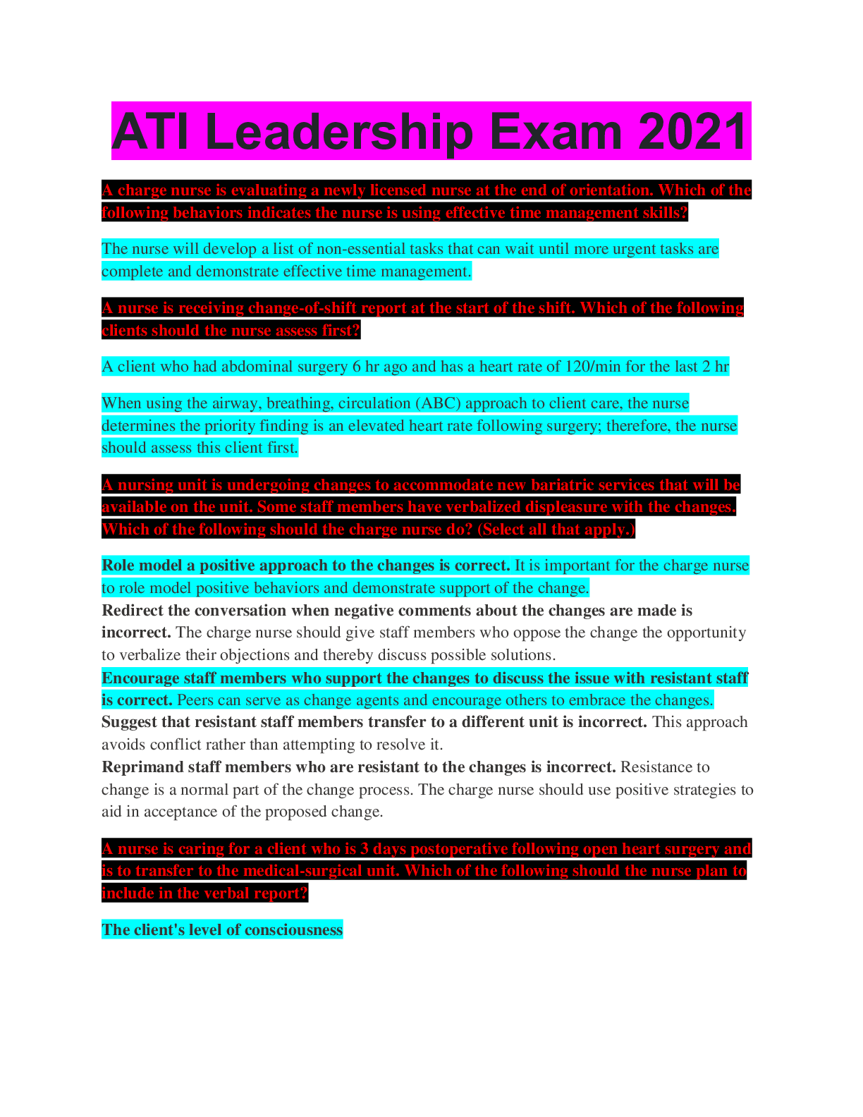 Preview of ATI Leadership Exam 2021 Quality Information You need to pass your examination 100% Correc